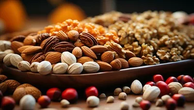 عکس تصویری از تنوع آجیل های سالم بر روی یک میز چوبی