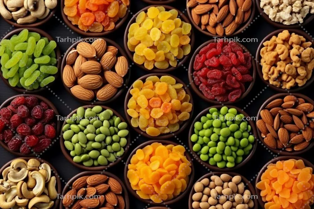 عکس ترکیب رنگارنگ میوه های خشک و مغزها برای تنقلات سالم و خوشمزه