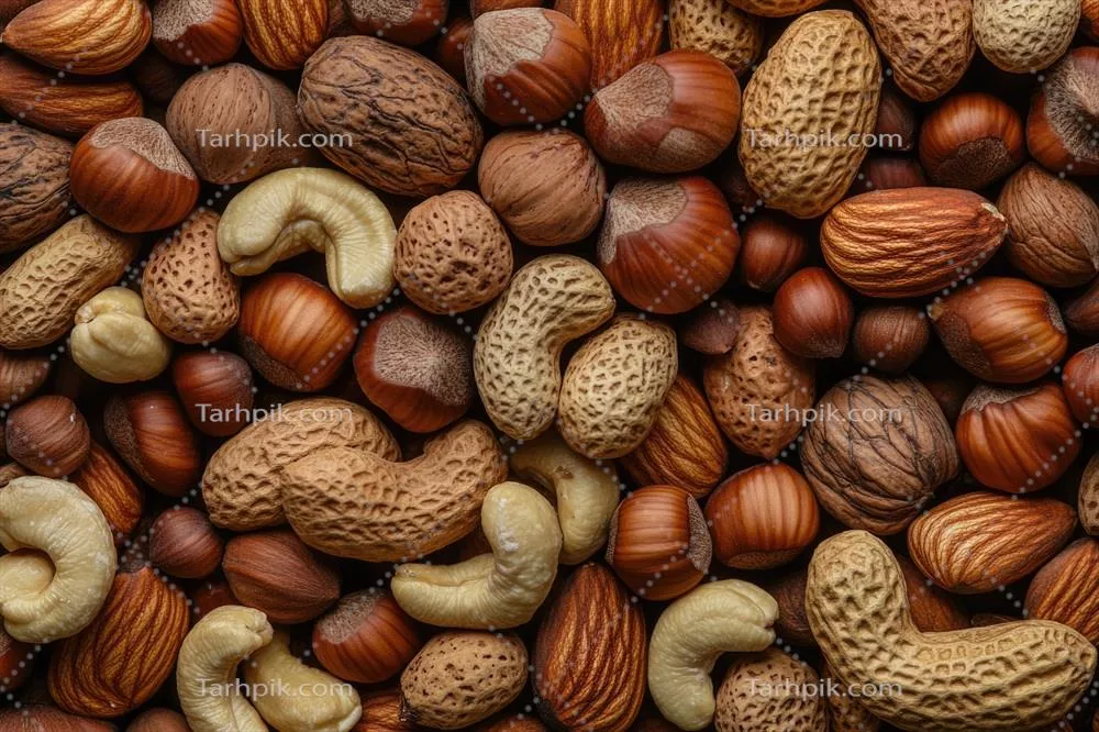 عکس ترکیب متنوع و خوشمزه از مغزها به عنوان پس زمینه ای بافت دار و طبیعی