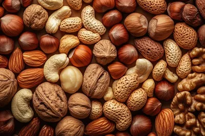 عکس ترکیب متنوع و بافتی غنی از آجیل ها در پس زمینه ای طبیعی و دلنشین