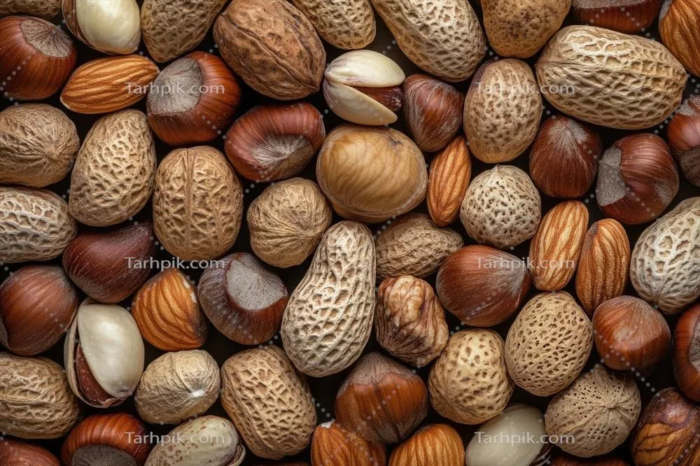 عکس ترکیب متنوع و خوشمزه از مغزها به عنوان پس زمینه ای بافت دار و طبیعی