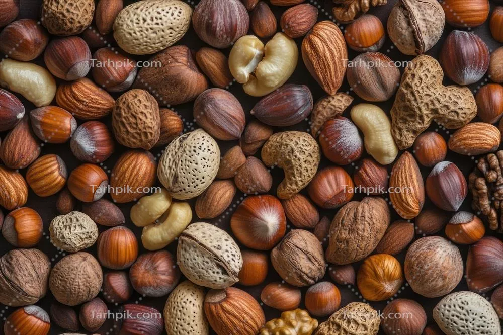 عکس ترکیب متنوع و خوشمزه از مغزها به عنوان پس زمینه ای بافت دار و طبیعی