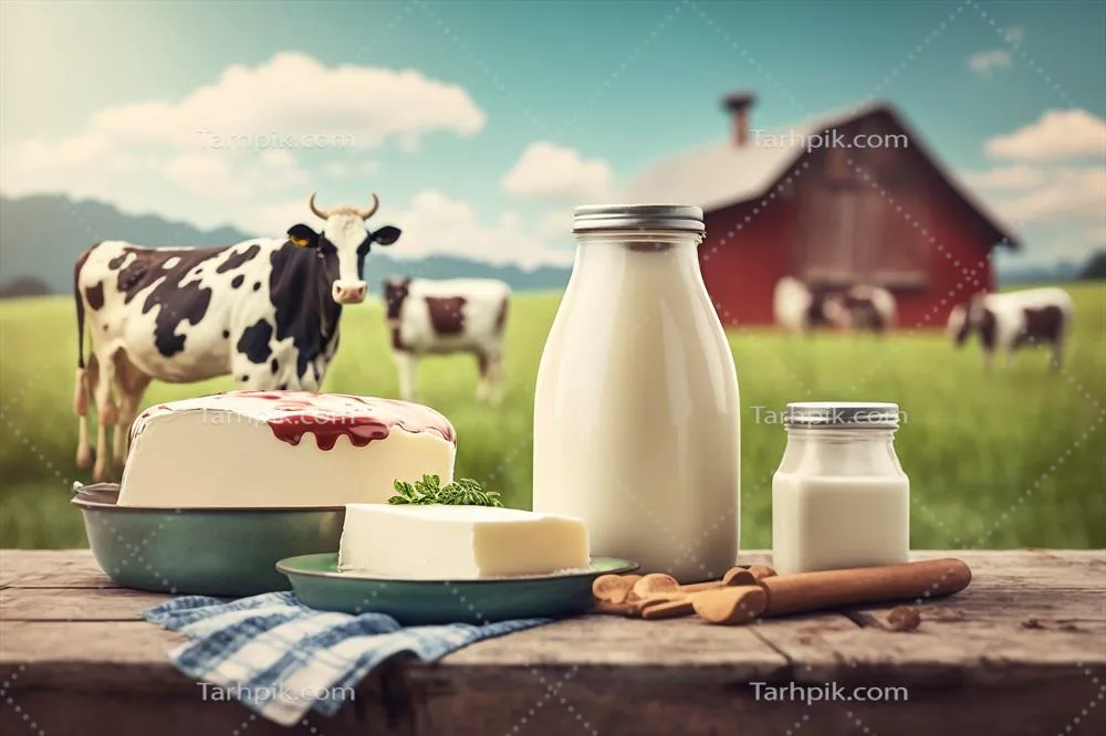 عکس محصولات لبنی در پس زمینه ای سبز با گاوها و علفزار زیبا