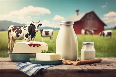 عکس محصولات لبنی در پس زمینه ای سبز با گاوها و علفزار زیبا