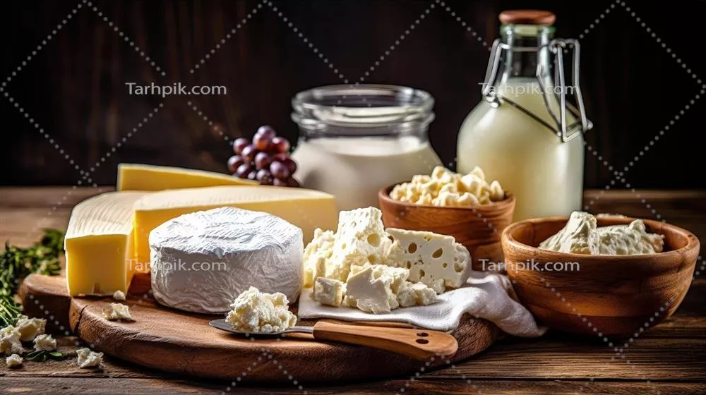 عکس محصولات لبنی تازه بر روی میز چوبی روستایی - تصویرسازی هنری