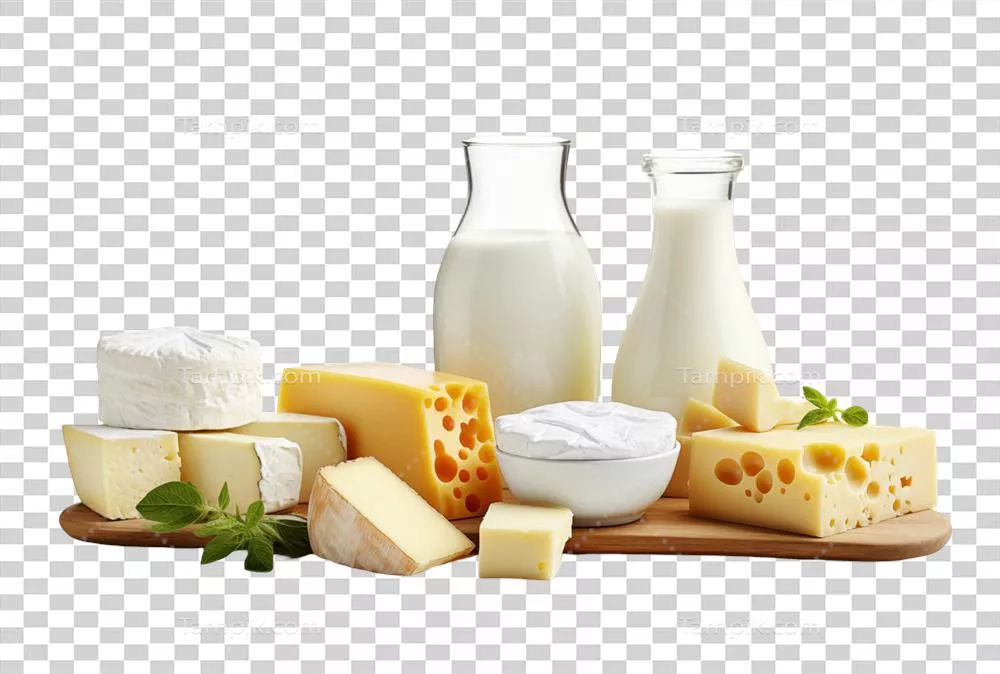 عکس دوربری مجموعه ای از محصولات لبنی شامل شیر، پنیر و کره با کیفیت عالی