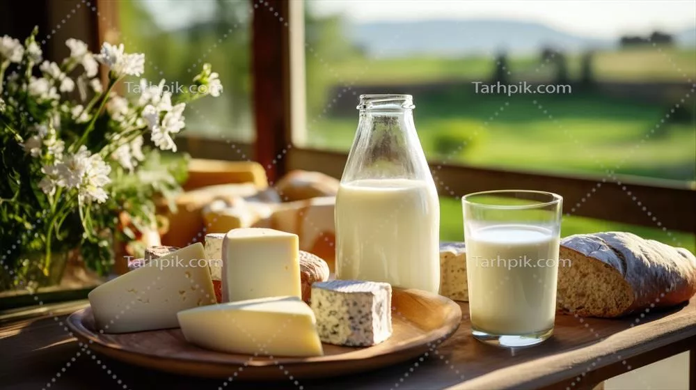 عکس شیشه شیر و بشقاب پنیر بر روی میز در کنار مرتع با گاوها