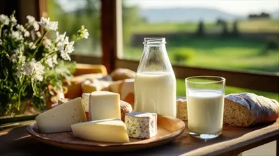عکس شیشه شیر و بشقاب پنیر بر روی میز در کنار مرتع با گاوها
