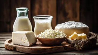 عکس محصولات لبنی تازه و خوشمزه بر روی میز چوبی روستایی