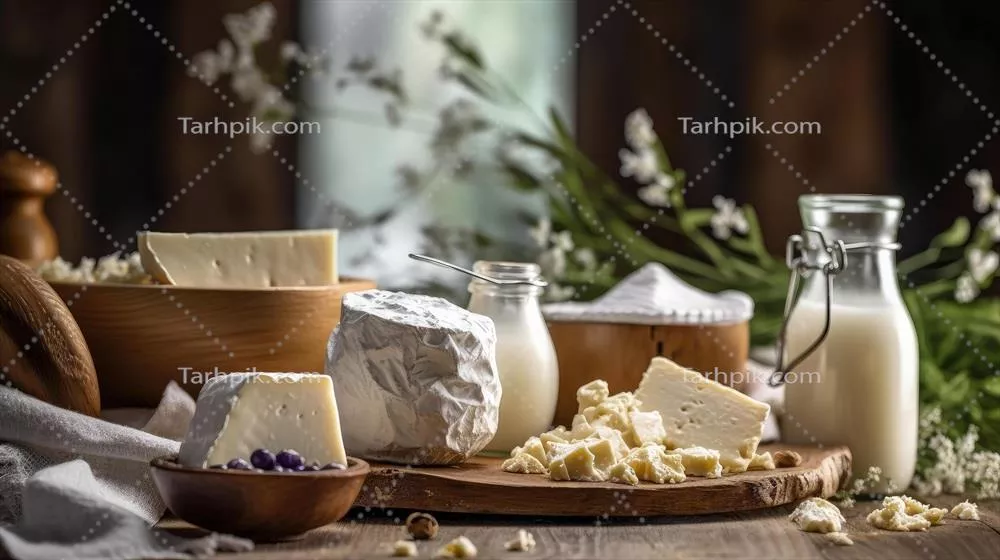 عکس محصولات لبنی تازه بر روی میز چوبی روستایی با طراحی هنری