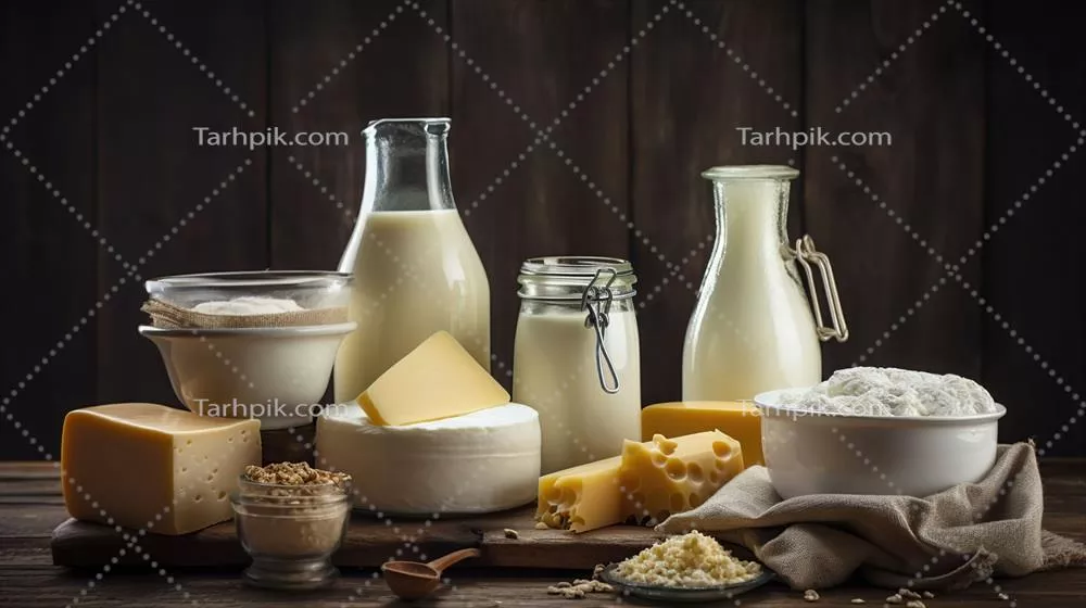 عکس محصولات لبنی تازه و ارگانیک از دامداری: شیر، پنیر و ماست