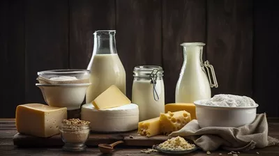 عکس محصولات لبنی تازه و ارگانیک از دامداری: شیر، پنیر و ماست