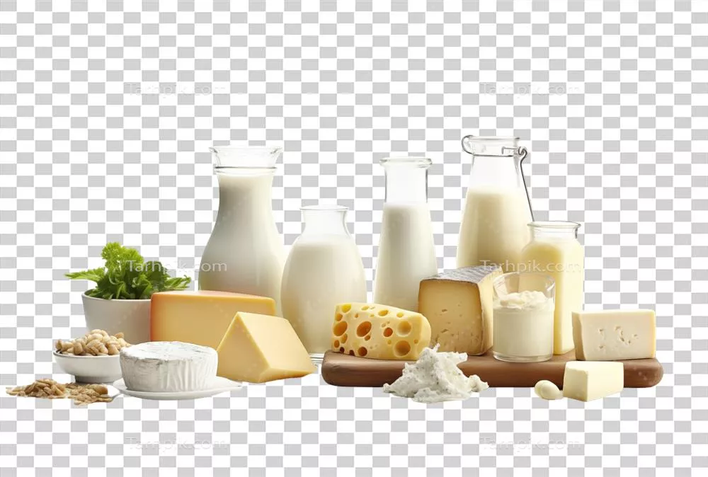 عکس دوربری محصولات لبنی متنوع شامل شیر و پنیر بر روی پس زمینه شفاف