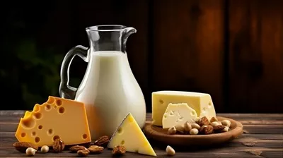 عکس تکه ای از پنیر سوئیسی و یک پارچ شیر بر روی میز چوبی قدیمی