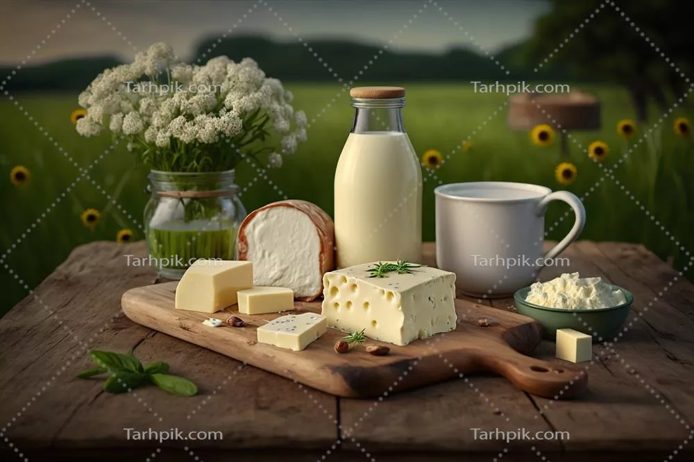 عکس محصولات لبنی و پنیر در پس زمینه ای طبیعی و زیبا