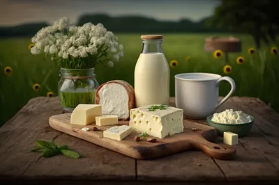 عکس محصولات لبنی و پنیر در پس زمینه ای طبیعی و زیبا