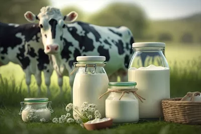 عکس محصولات لبنی در پس زمینه ای سبز با گاوها و علفزار زیبا