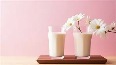 عکس دو لیوان شیر بر روی میز چوبی با گل در پس زمینه صورتی