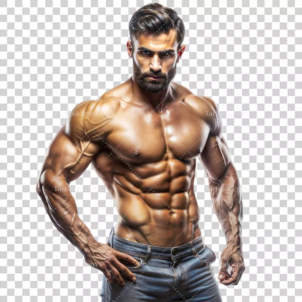 عکس دوربری مردی عضلانی با حالت چهره ای پر از شدت در حال نمایش قدرت