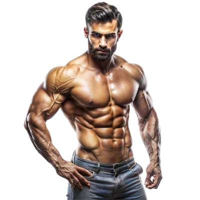 عکس دوربری مردی عضلانی با حالت چهره ای پر از شدت در حال نمایش قدرت