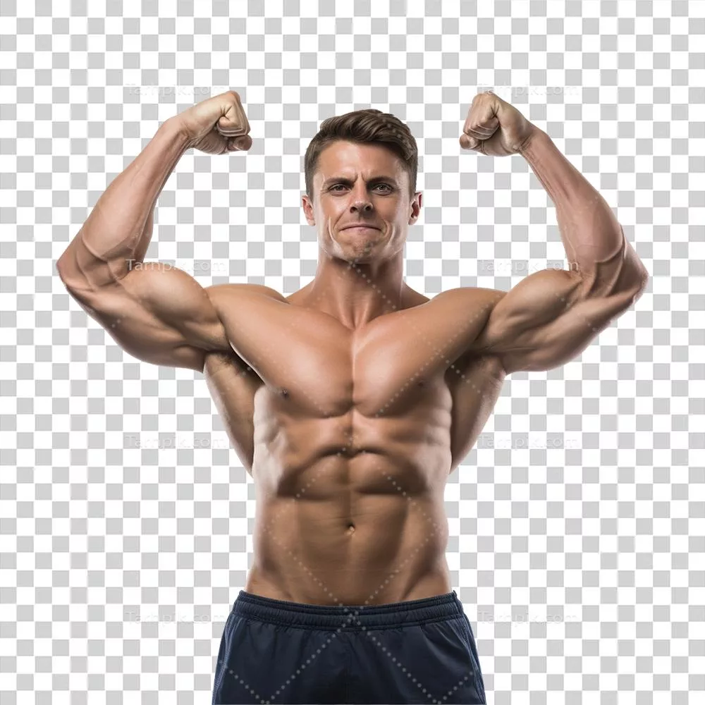عکس دوربری ورزشکار مرد با عضلات قوی در حال نمایش قدرت خود بر روی پس زمینه شفاف