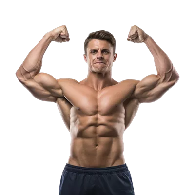 عکس دوربری ورزشکار مرد با عضلات قوی در حال نمایش قدرت خود بر روی پس زمینه شفاف