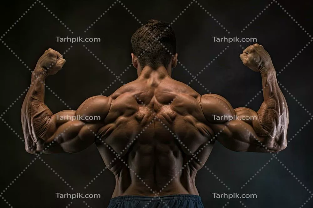 عکس بدنساز در حال نمایش عضلات خود در پس زمینه ای سیاه و جذاب