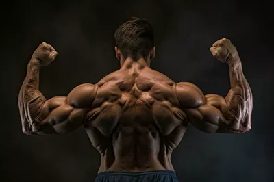 عکس بدنساز در حال نمایش عضلات خود در پس زمینه ای سیاه و جذاب