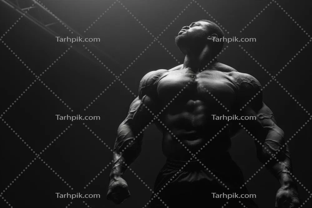 عکس تصویری شگفت انگیز از یک بدنساز در حال نمایش قدرت و زیبایی عضلانی