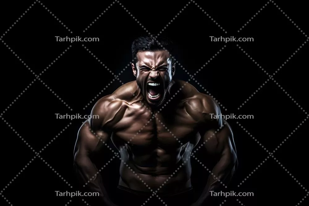 عکس بدنساز در حال فریاد زدن بر روی پس زمینه سیاه - تصویر تولید شده با هوش مصنوعی