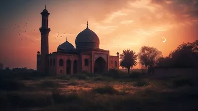 عکس تصویری زیبا از گنبد مساجد در آسمان غروب با ماه هلالی