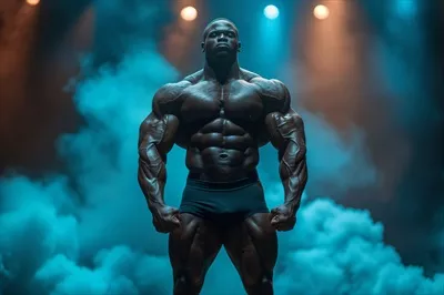 عکس بدنساز حرفه ای در حال نمایش قدرت و زیبایی عضلانی در مسابقه