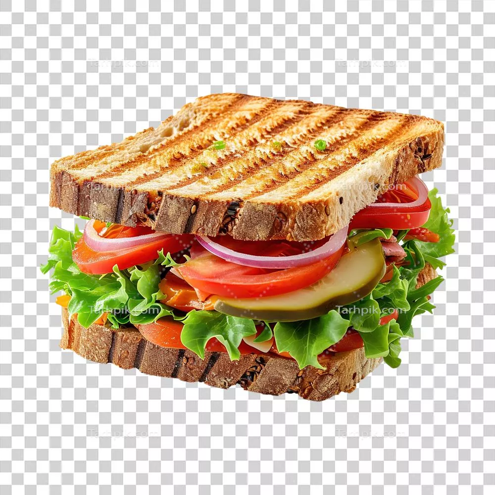 عکس دوربری ساندویچ خوشمزه با ژامبون، پنیر، گوجه فرنگی و کاهو در پس زمینه شفاف