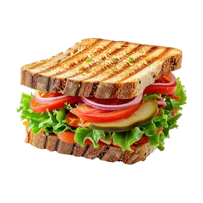 عکس دوربری ساندویچ خوشمزه با ژامبون، پنیر، گوجه فرنگی و کاهو در پس زمینه شفاف