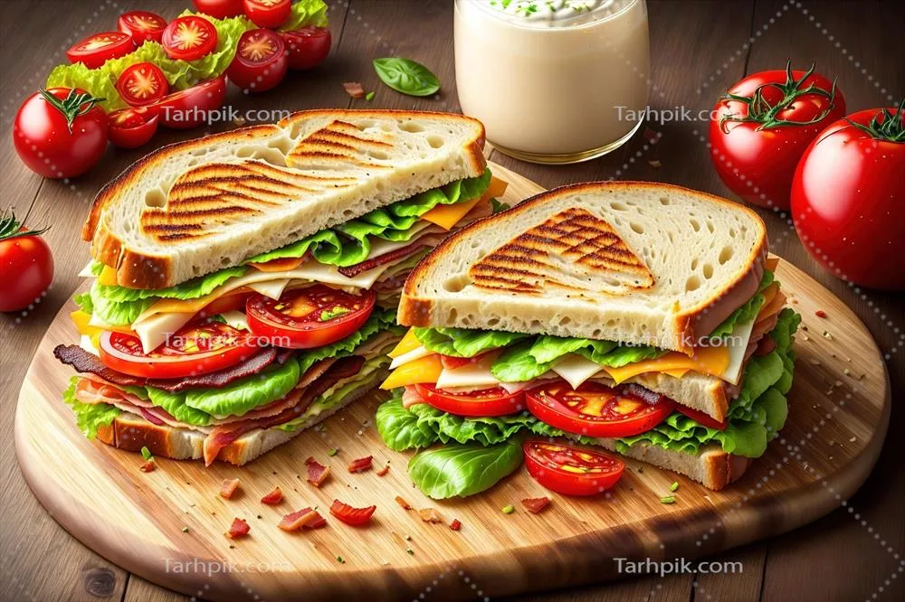 عکس ساندویچ کبابی با بیکن، تخم مرغ سرخ شده، گوجه فرنگی و کاهو روی تخته چوبی