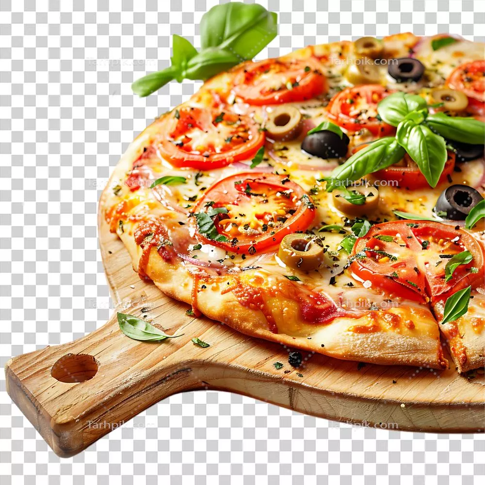 عکس دوربری پیتزای ایتالیایی با پنیر موتزارلا ذوب شده و سبزیجات تازه