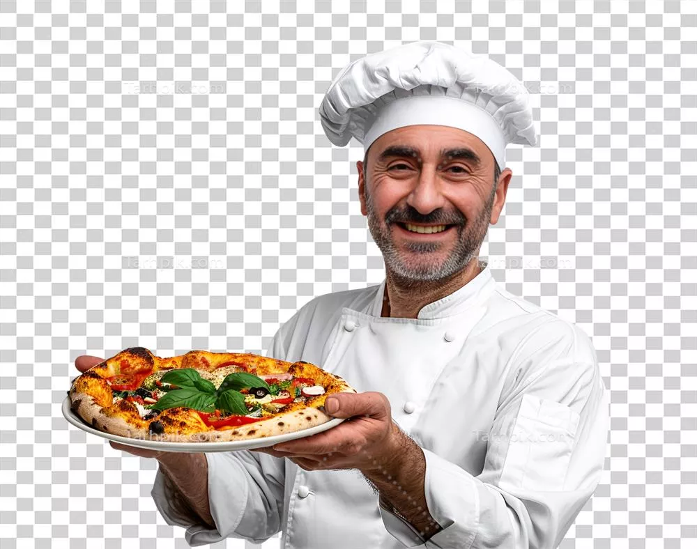 عکس دوربری سرآشپز مرد با پیتزا در دستانش - تصویر جذاب و دلپذیر