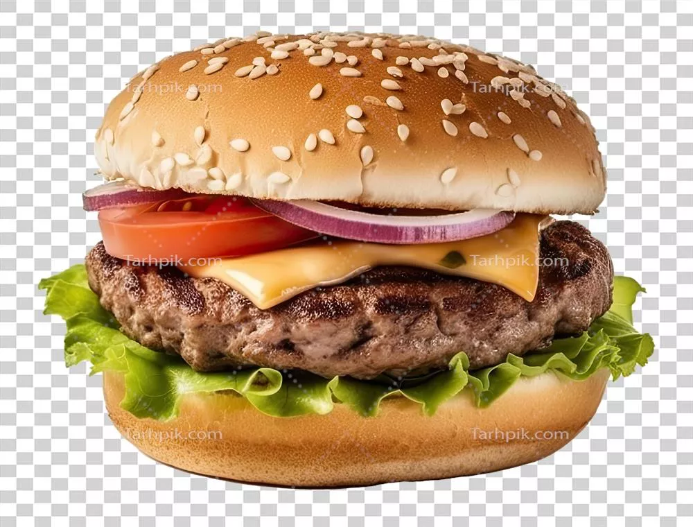 عکس دوربری برگر گوشت قرمز خوشمزه و لذیذ با طراحی جذاب و رنگارنگ