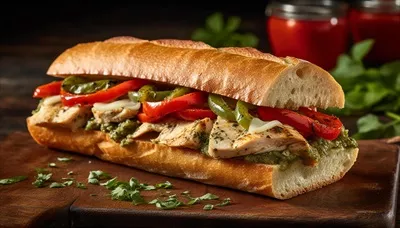 عکس ساندویچ گوشت گریل شده بر روی نان چاباتا با سبزیجات تازه و گوجه فرنگی