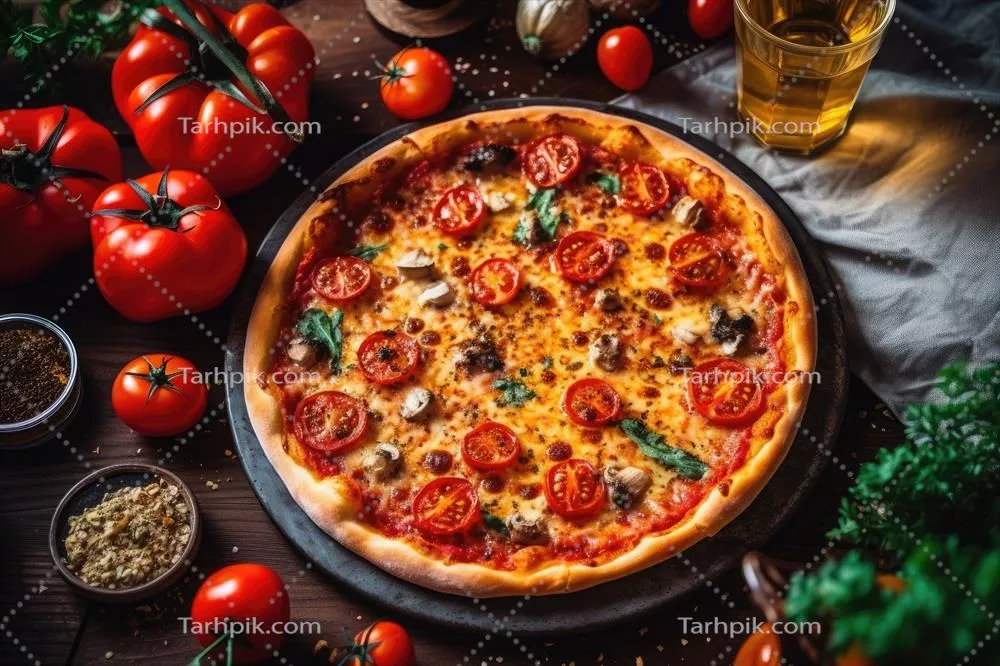 عکس تصویری جذاب از پیتزاهای تازه در آشپزخانه با نمایی از بالا