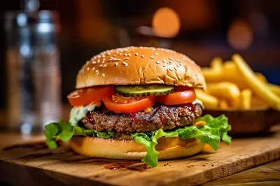 عکس برگر خوشمزه با گوشت قرمز، گوجه فرنگی و سبزیجات معطر