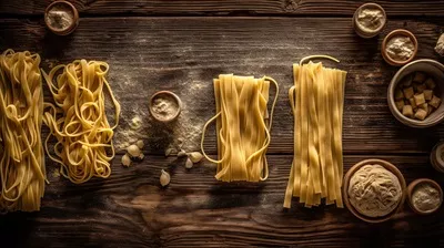 عکس تصویری زیبا از ماکارونی تالیاتل خام بر روی میز چوبی قدیمی