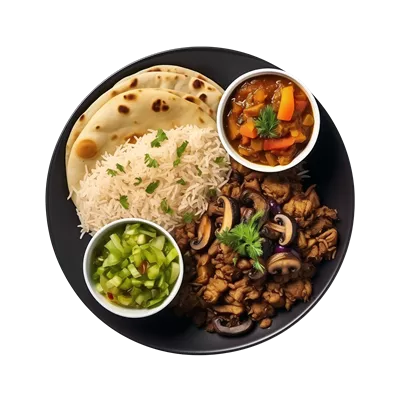 عکس دوربری تصویری زیبا از یک بشقاب سیاه با غذاهای هندی در نمای بالا