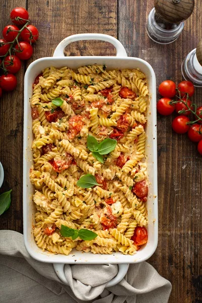 عکس طرز تهیه پاستا با فتا پخته و گوجه فرنگی های گیلاسی خوشمزه