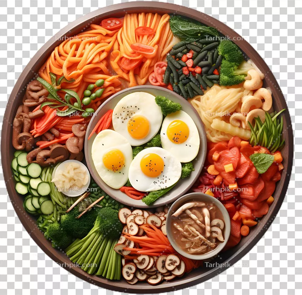 عکس دوربری مجموعه ای از غذاهای متنوع بر روی یک بشقاب زیبا و رنگارنگ
