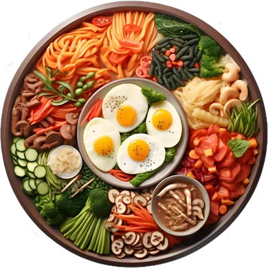 عکس دوربری مجموعه ای از غذاهای متنوع بر روی یک بشقاب زیبا و رنگارنگ