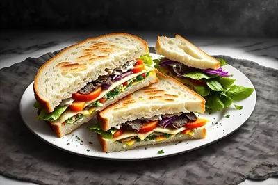 عکس ساندویچ کبابی با بیکن و تخم مرغ سرخ شده و گوجه فرنگی