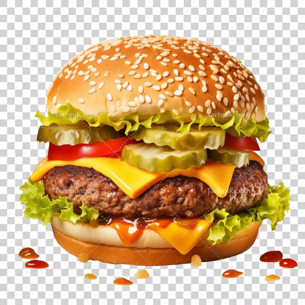 عکس دوربری برگر پنیر ذوب شده با طراحی شفاف و جذاب برای استفاده در پروژه ها
