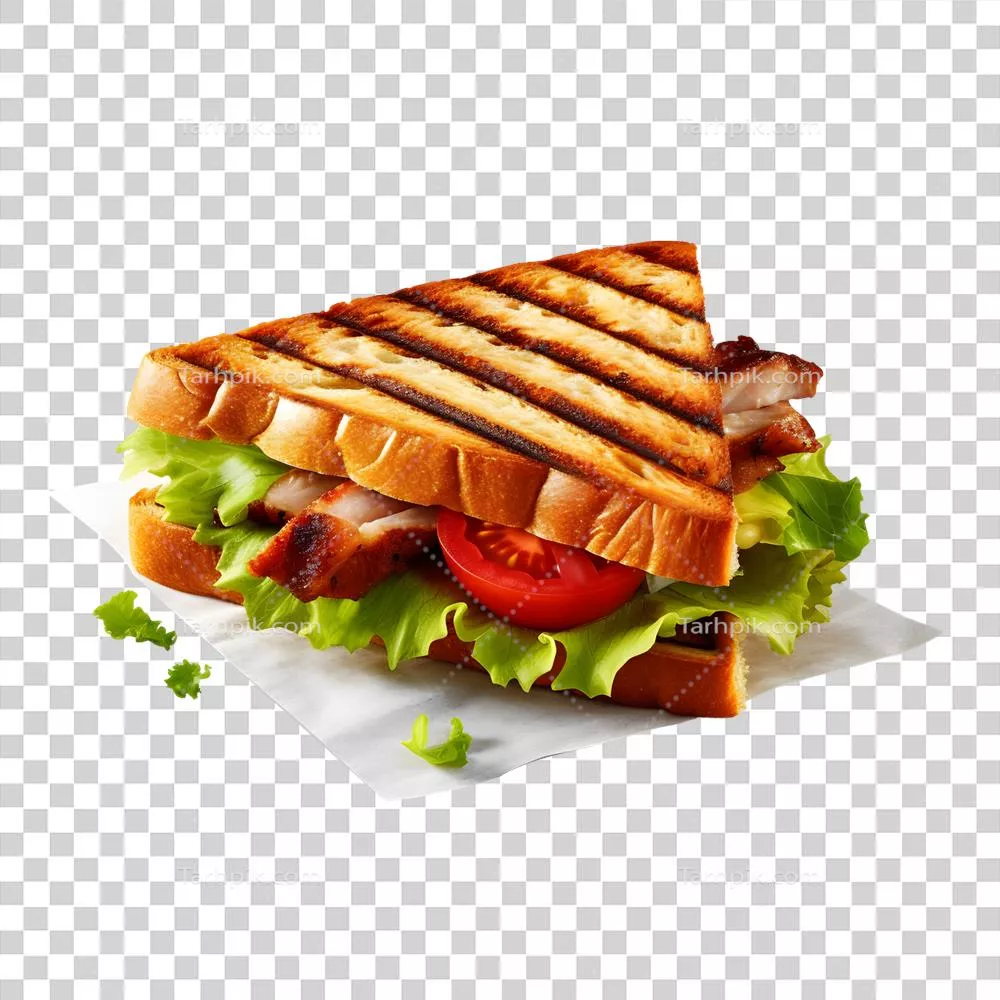 عکس دوربری ساندویچ خوشمزه حاوی ژامبون، پنیر و سبزیجات بر روی بشقاب کاغذی