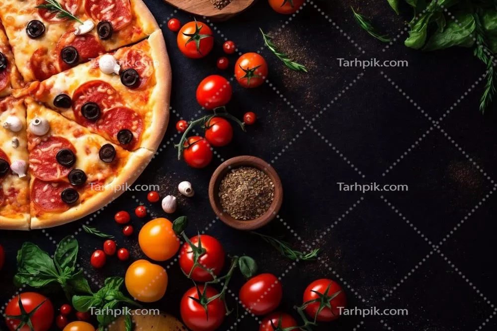 عکس غذاهای ایتالیایی: پیتزا با ریحان و پنیر در فضایی دلپذیر
